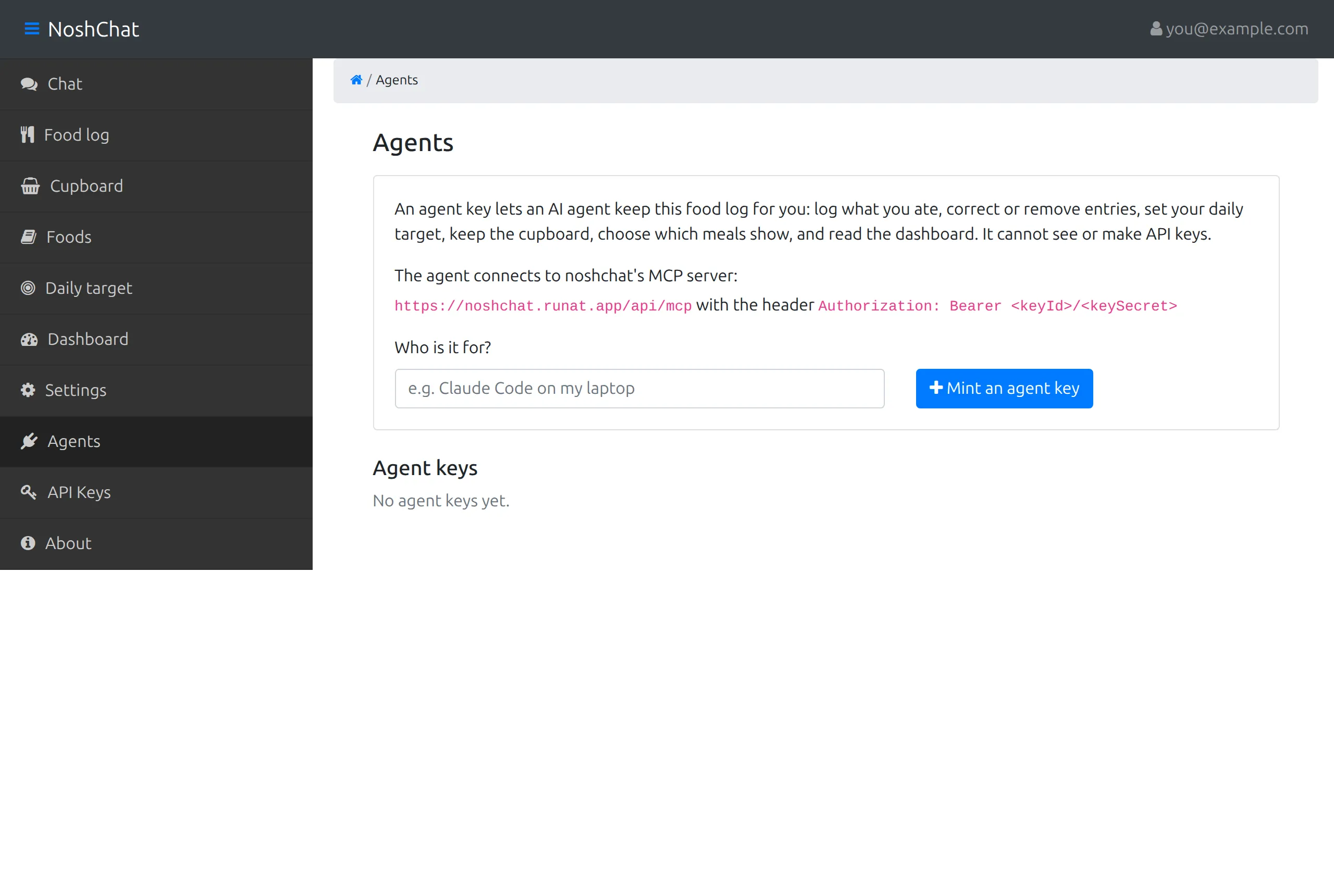 The Agents page, where agent keys are created, listed and revoked
