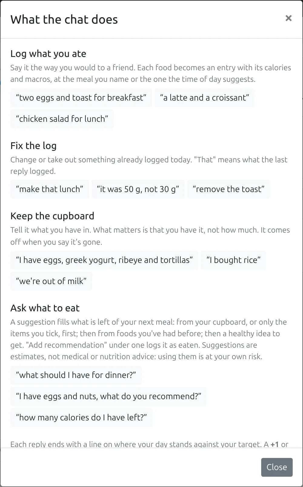The chat’s examples dialog, with four kinds of message and examples of each