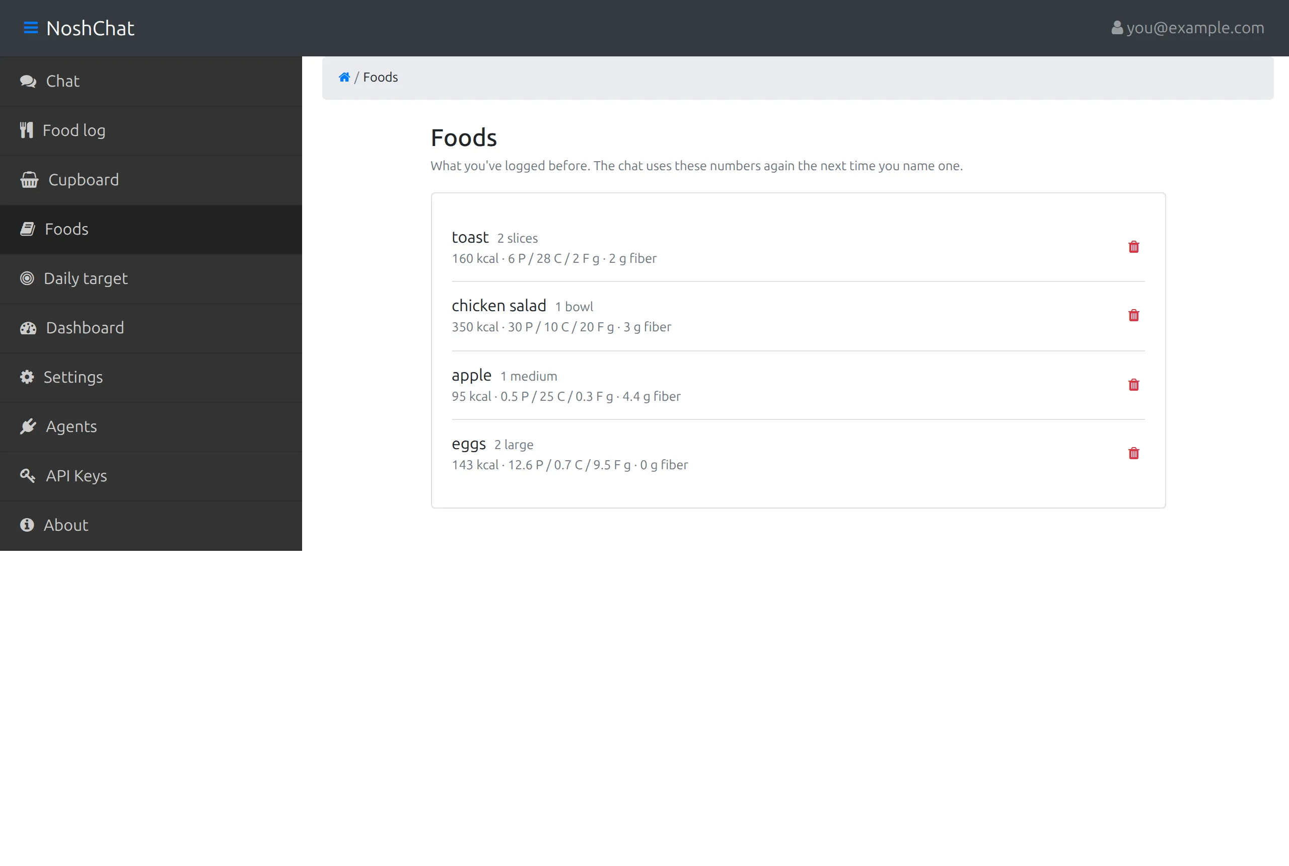 The Foods page, listing remembered foods with their numbers