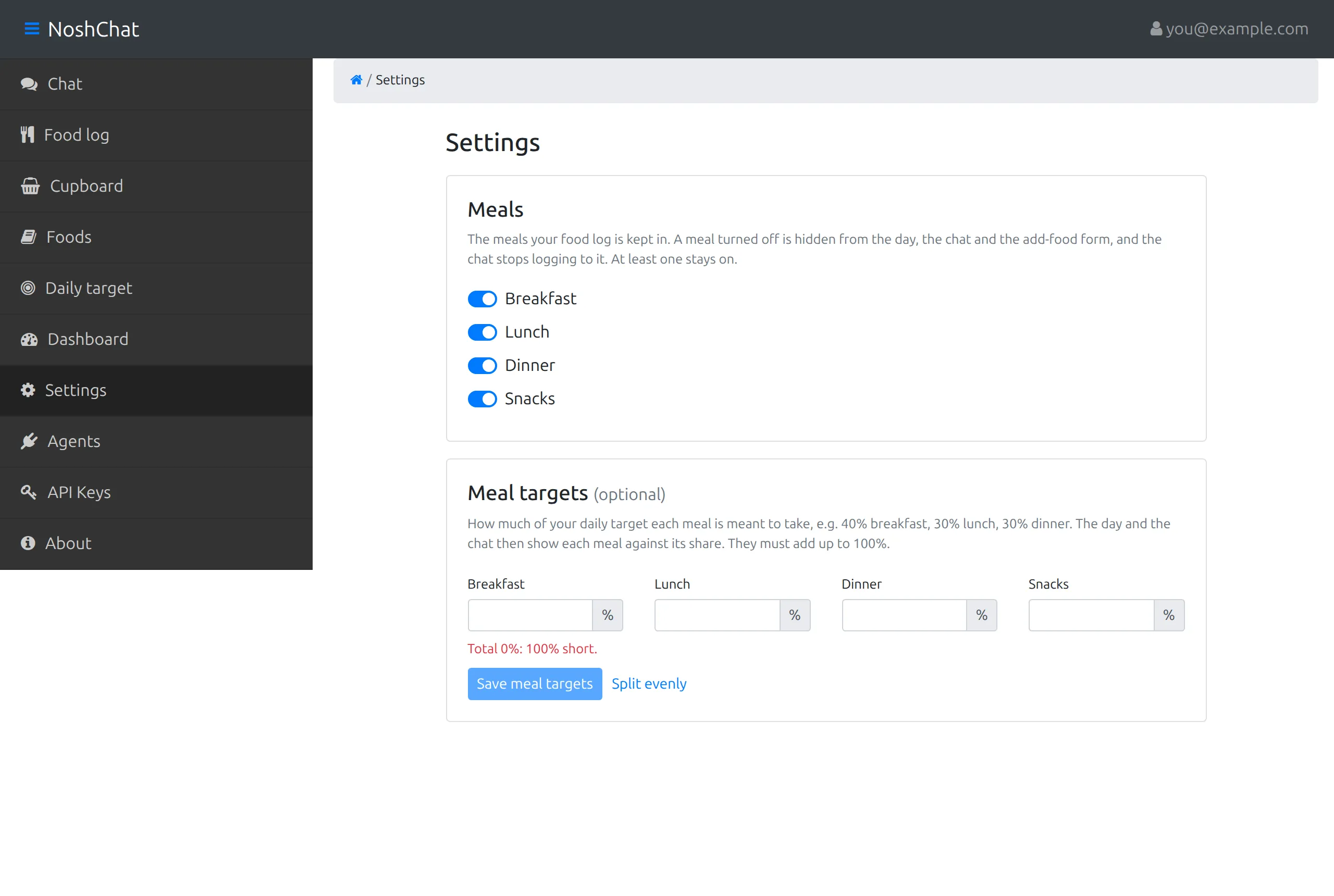 The Settings page: a switch for each meal, and meal targets